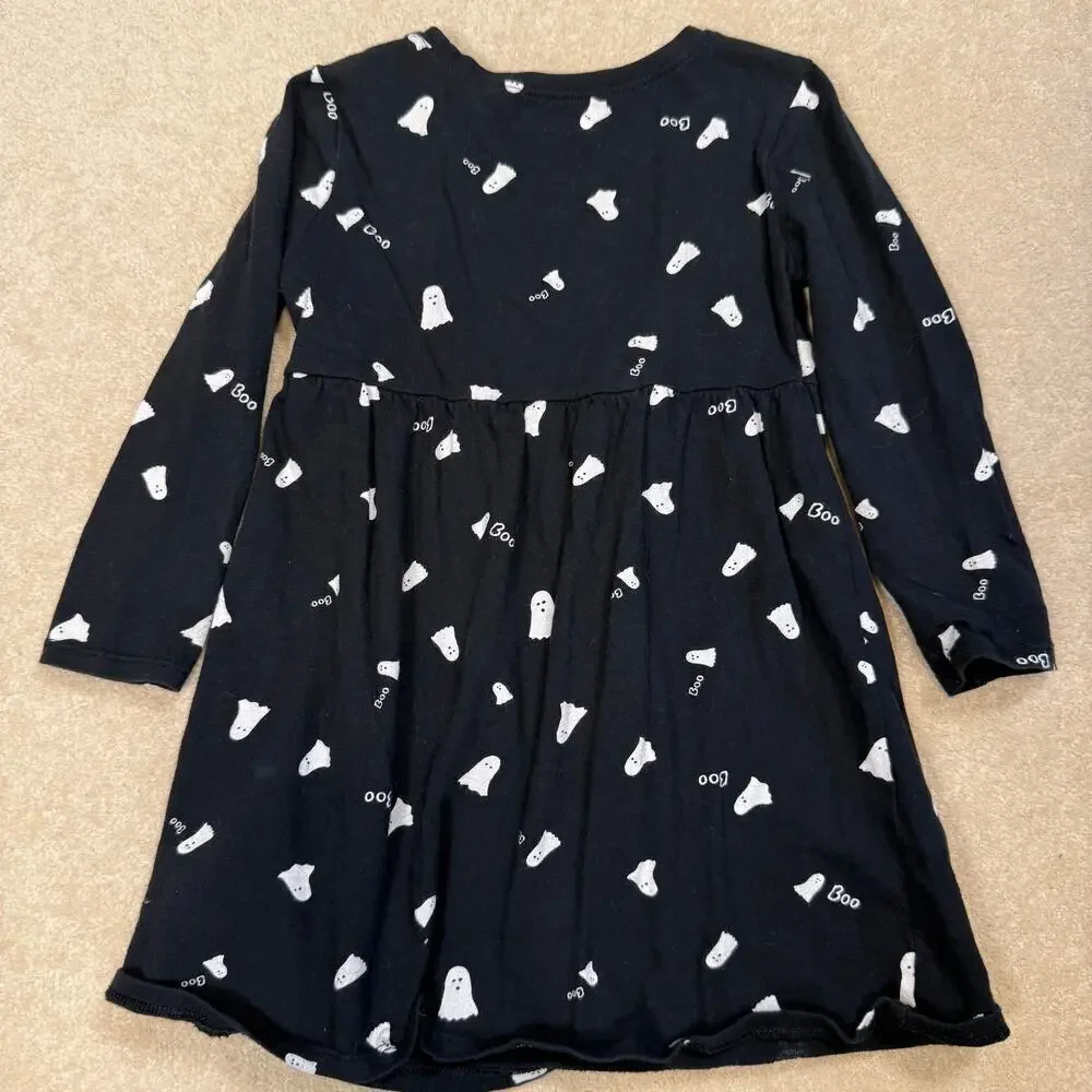 Old Navy Girls Long Sleeve Halloween Ghost Dress Black White Boo Print Size 3T